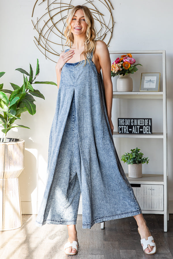 WASHED PLEATED DETAIL WIDE LEG ROMPER
