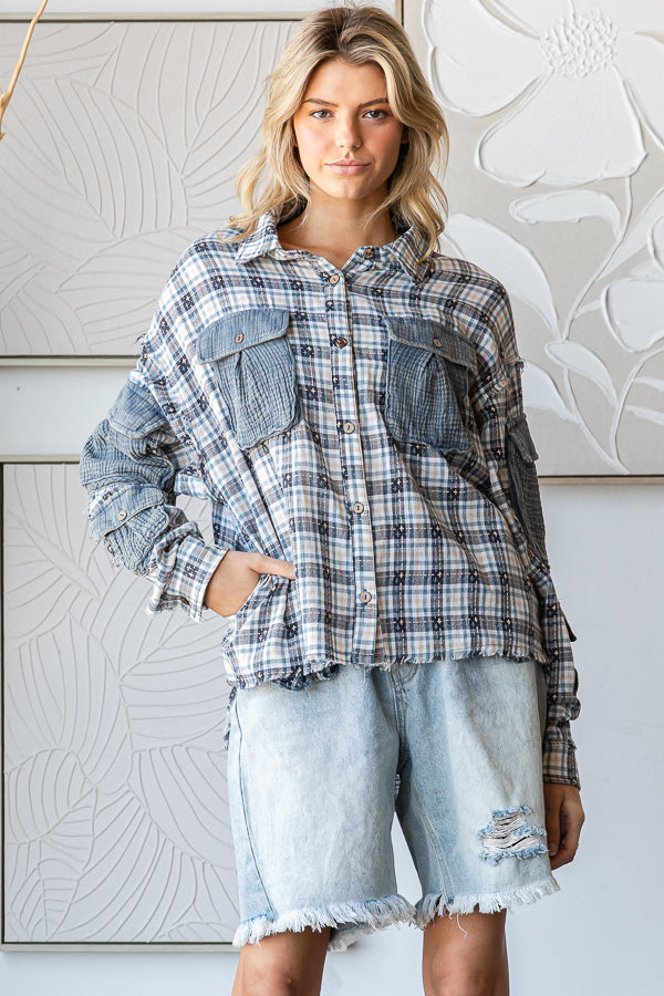 WASHED PLAID CONTRAST 3D POCKETS BUTTON DOWN SHIRT