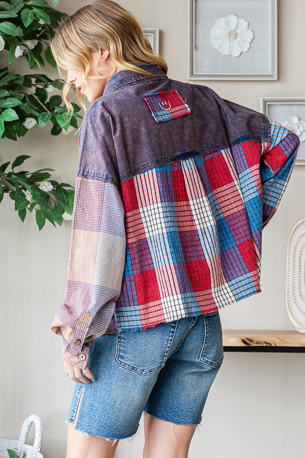 WASHED MULTICOLOR PLAID MIXED LONG SLEEVE SHIRT