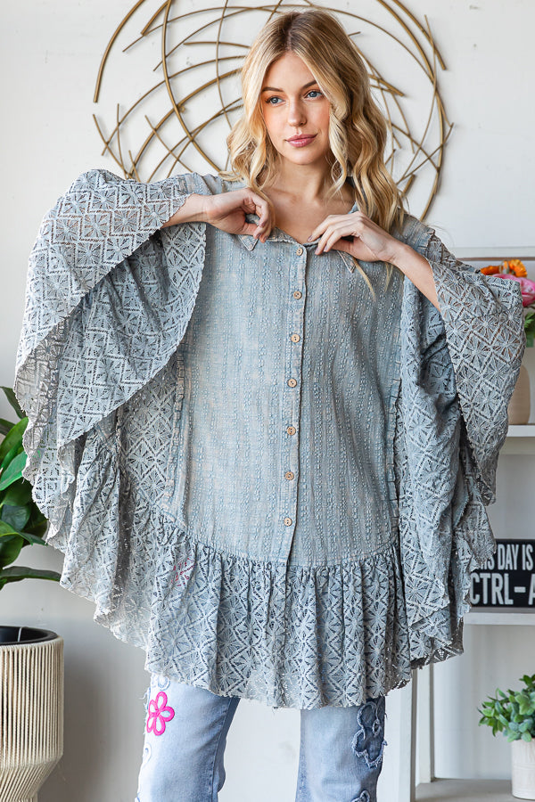 WASHED LACE RUFFLE HEM BUTTON FRONT SHIRT