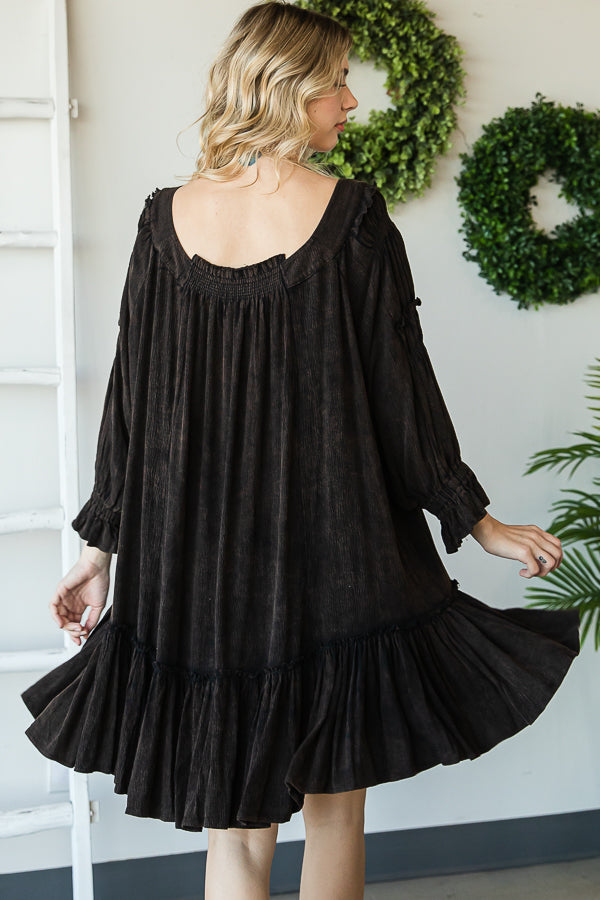 WASHED SCOOP NECK RUFFLE HEM BABYDOLL DRESS