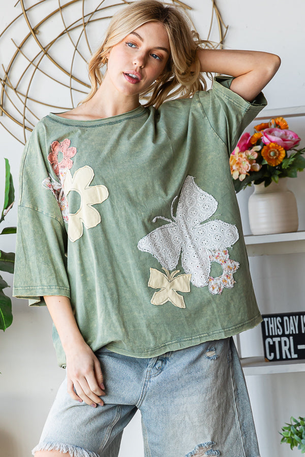 WASHED FLOWER BUTTERFLY PATCHWORK SHORT SLEEVE TOP