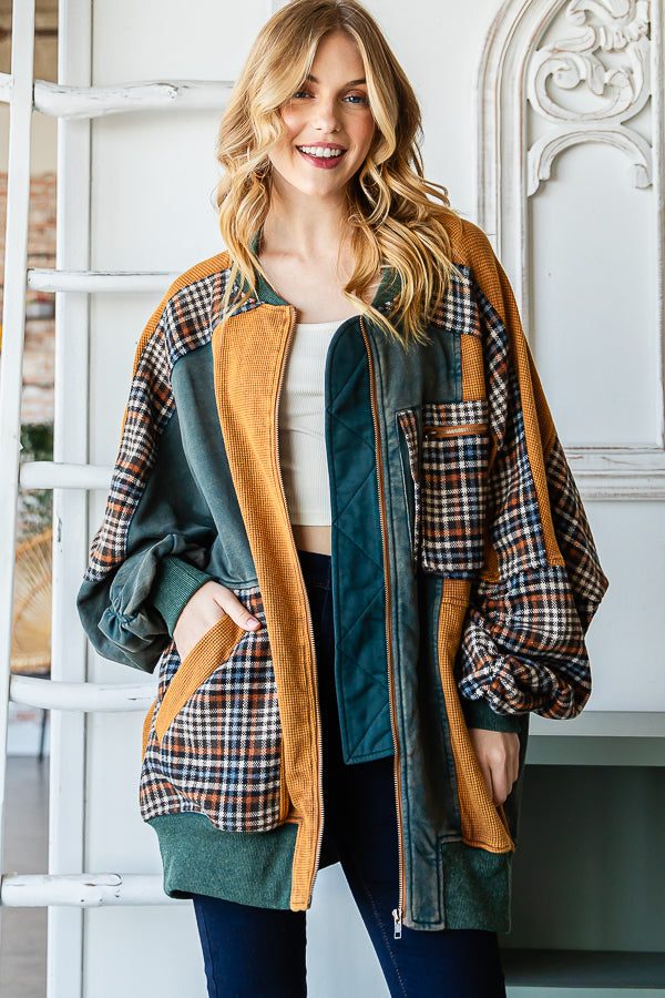 WASHED COLORBLOCK ZIP FRONT BOMBER TERRY JACKET