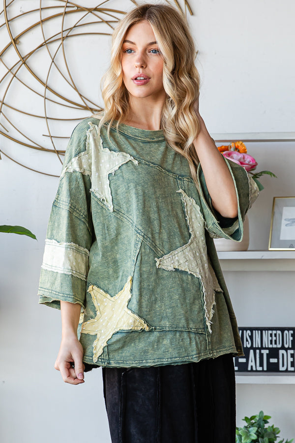 WASHED STAR PATCHWORK SHORT SLEEVE TOP