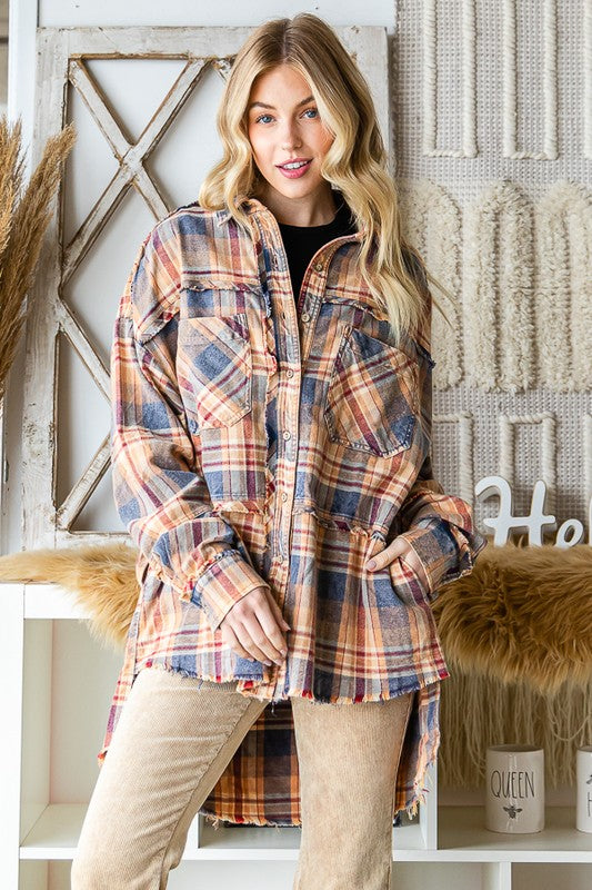 WASHED MULTI COLOR PLAID BUTTON FRONT SHIRT