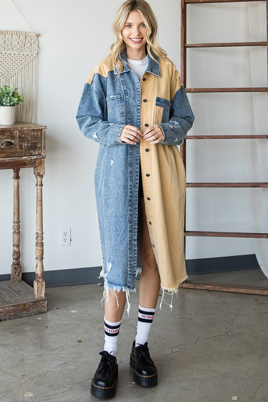 WASHED COLORBLOCK DETAIL DENIM LONG JACKET