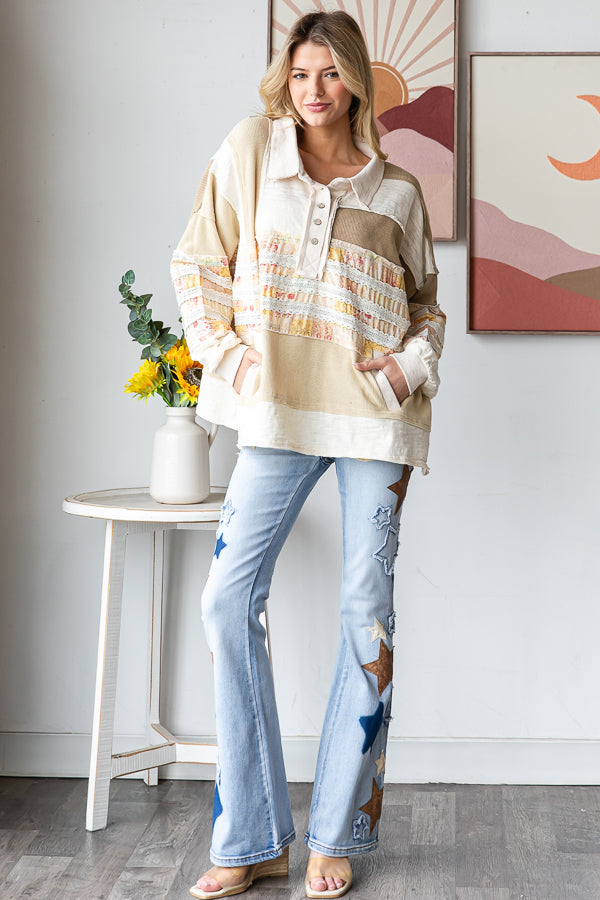 WASHED MIXED FABRIC BUTTON COLLAR LONG SLEEVE TOP