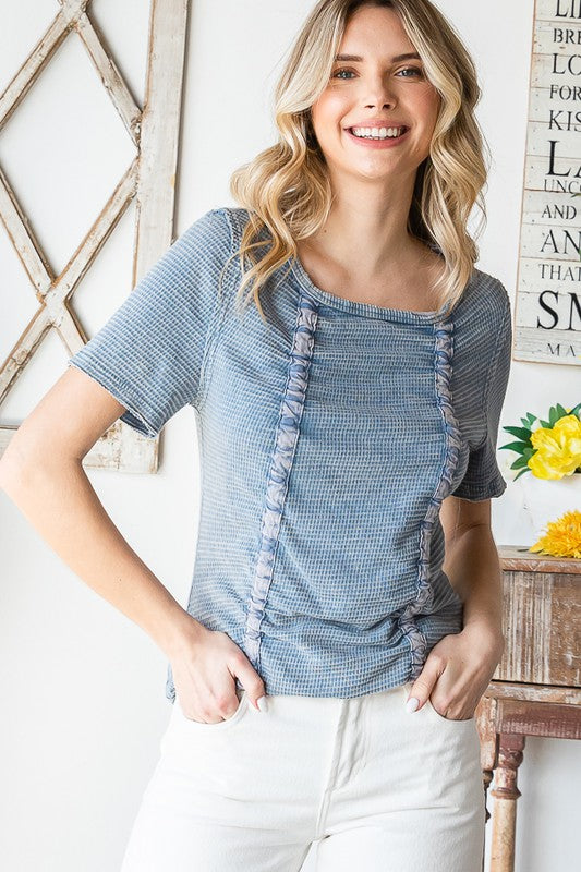 WASHED CINCHED SHORT SLEEVE KNIT TOP