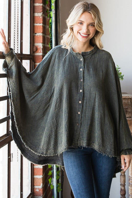 WASHED BUTTON DOWN BATWING SLEEVE OVERSIZED BLOUSE