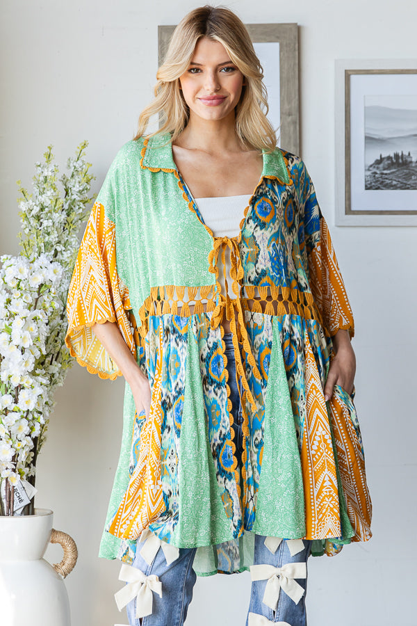 PRINTED MIX KIMONO MINI DRESS