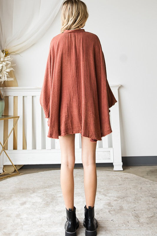 WASHED BUTTON DOWN BATWING SLEEVE OVERSIZED BLOUSE