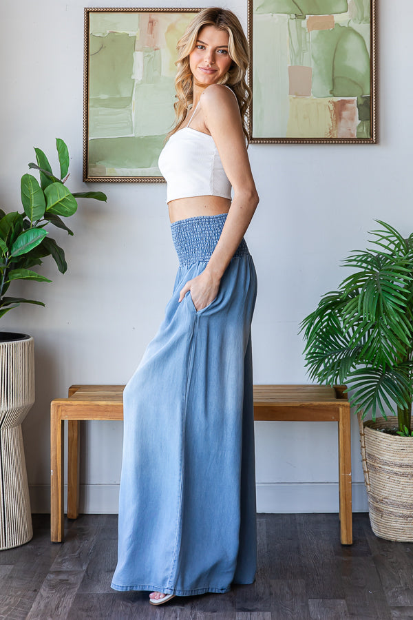 MINERAL WASHED SMOCKED WAIST WIDE LEG CASUAL PANTS