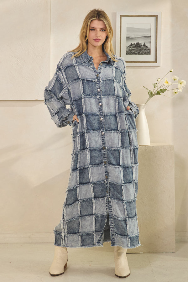 WASHED SQUARE PATCHWORK TENCEL LONG SHIRT