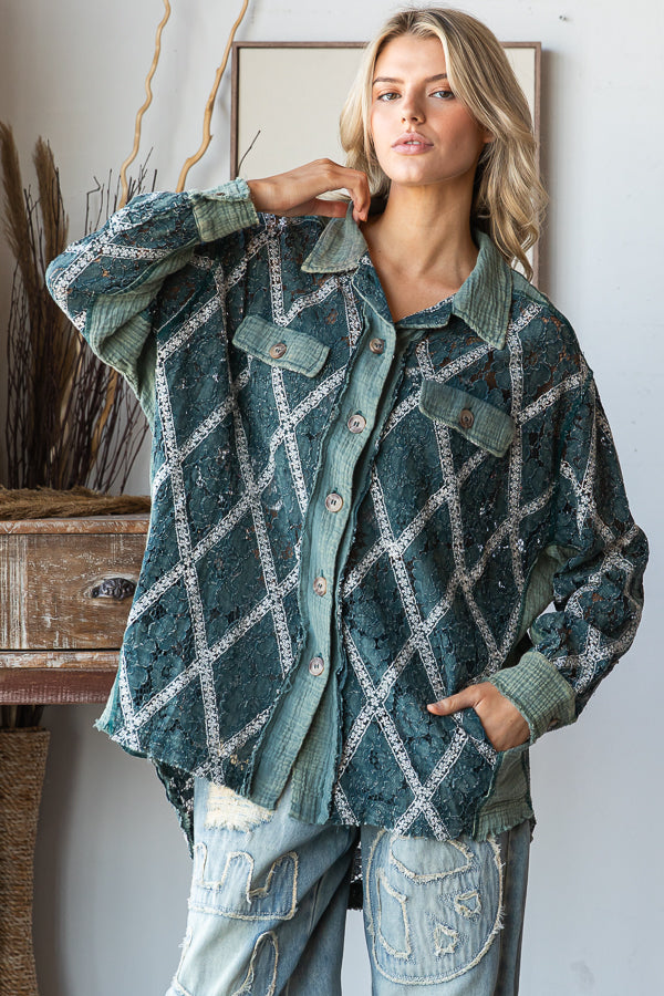 MINERAL WASHED BUTTON DOWN LACE TOP