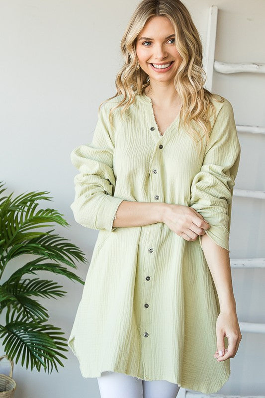 WASHED V NECK BUTTON DOWN FRONT GAUZE SHIRT