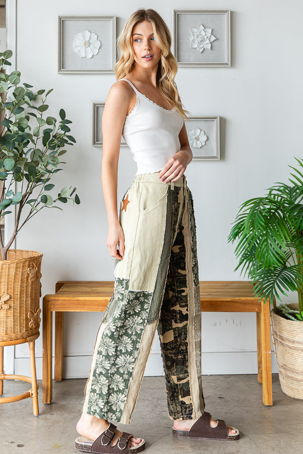 MINERAL WASHED PATCHWORK TWILL PANTS