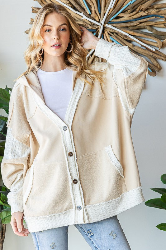 WASHED COLORBLOCK MIX MEDIA HOODED CARDIGAN