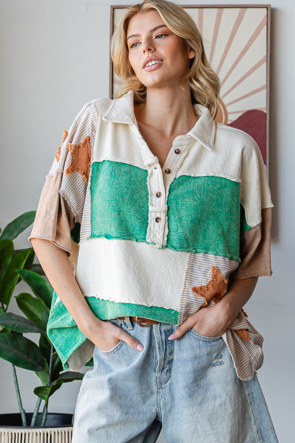WASHED STAR PATCHWORK HALF COLLARED SHIRT