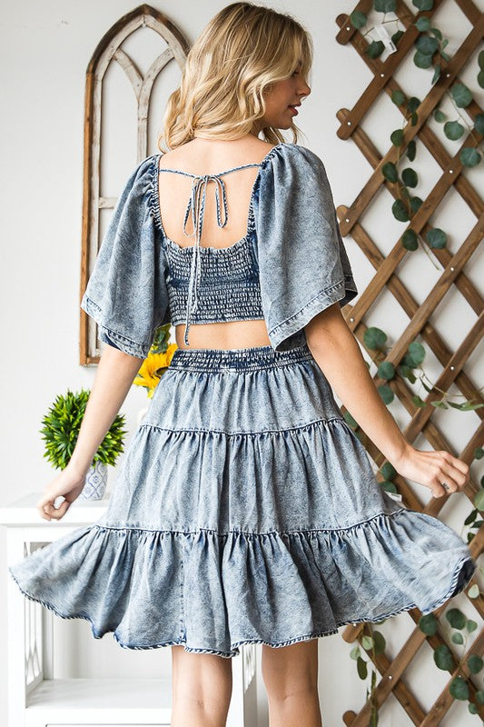 WASHED CROSS CUTOUT TIERED TENCEL MINI DRESS