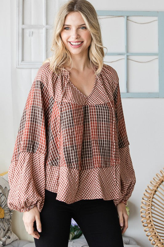 PLAID KEYHOLE TIE NECK DOLMAN SLEEVE BLOUSE