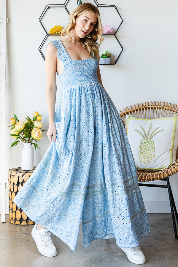 WASHED SMOCKED EYELET SLEEVELESS WIDE LEG JUMPSUIT