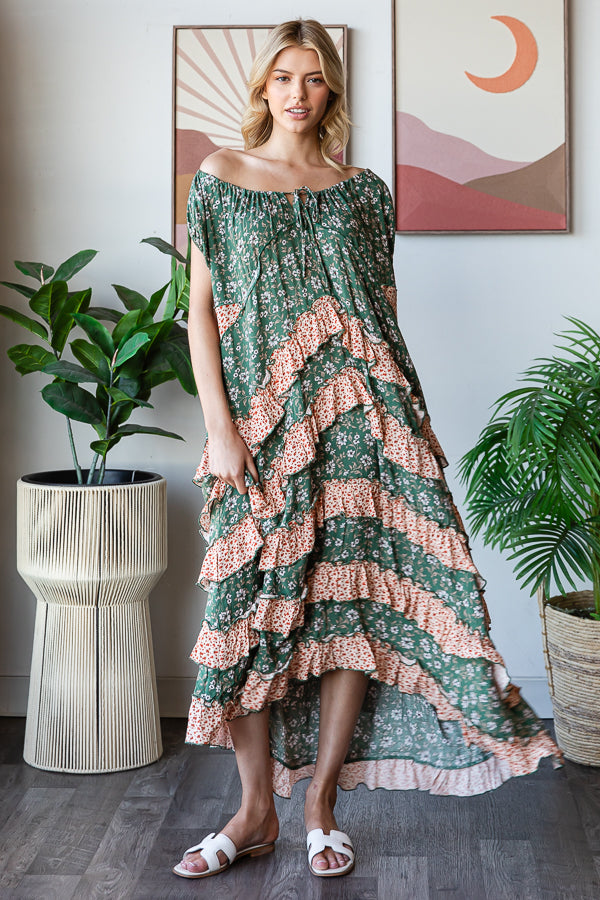 FLORAL PRINTED LAYERED RUFFLE MAXI DRESS