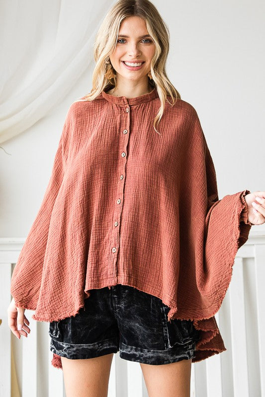 WASHED BUTTON DOWN BATWING SLEEVE OVERSIZED BLOUSE