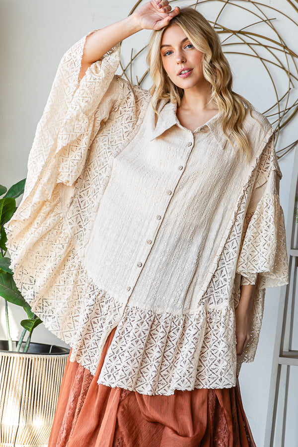 WASHED LACE RUFFLE HEM BUTTON FRONT SHIRT