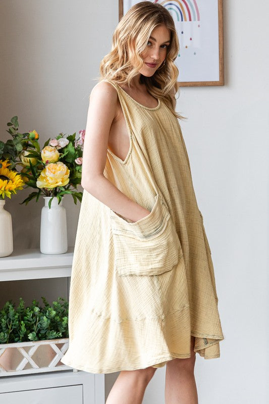 MINERAL WASHED SIDE POCKET FLARE HEM TANK DRESS