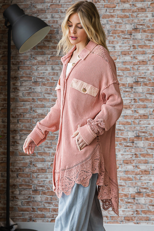 WASHED LACE HEM BUTTON FRONT SHIRT