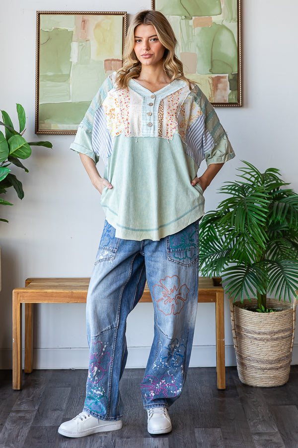 WASHED PRINTED HALF PLACKET HENLEY NECK SHIRT