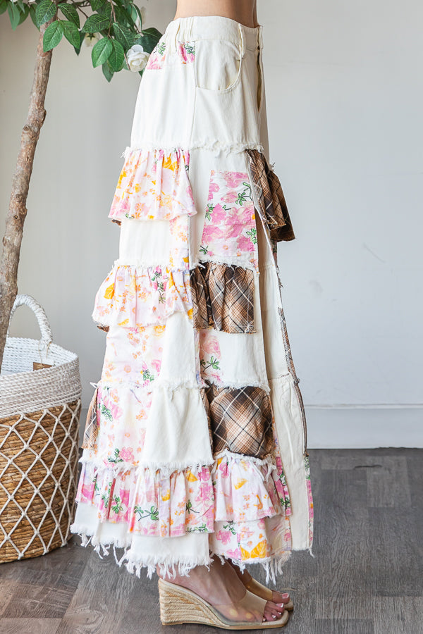 WASHED PLAID FLOWER PATCHWORK SLIT MAXI SKIRT