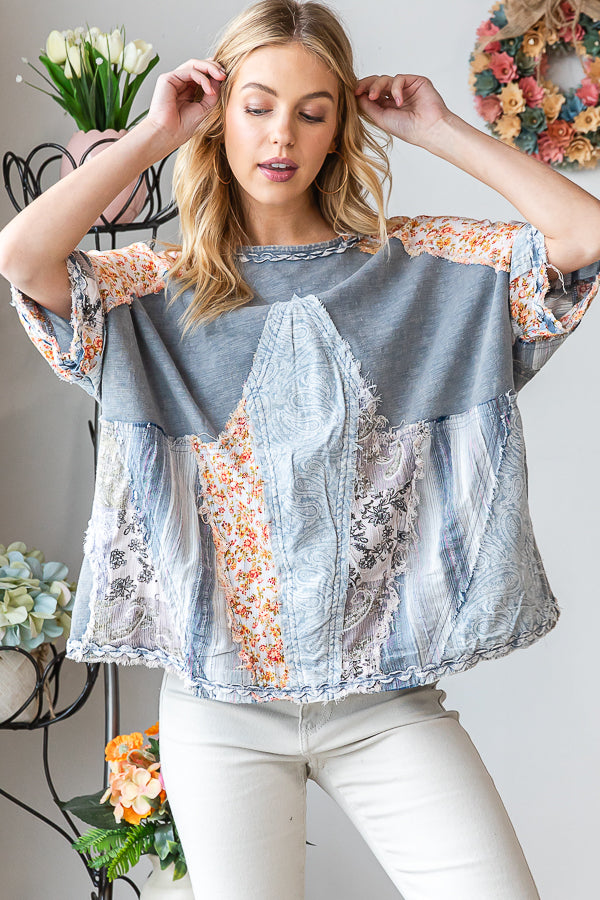 WASHED PRINT PATCHWORK SHORT SLEEVE TOP