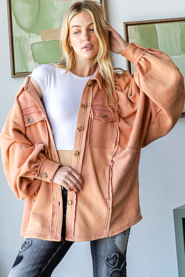 WASHED BALLOON SLEEVE BUTTON FRONT SHIRT JACKET