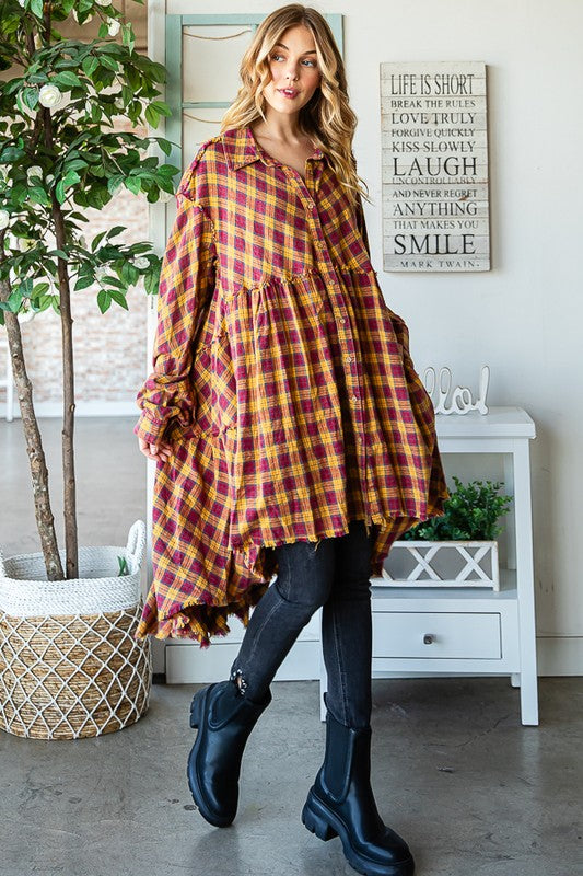 WASHED TIERED RUFFLE BACK DETAIL PLAID TUNIC SHIRT