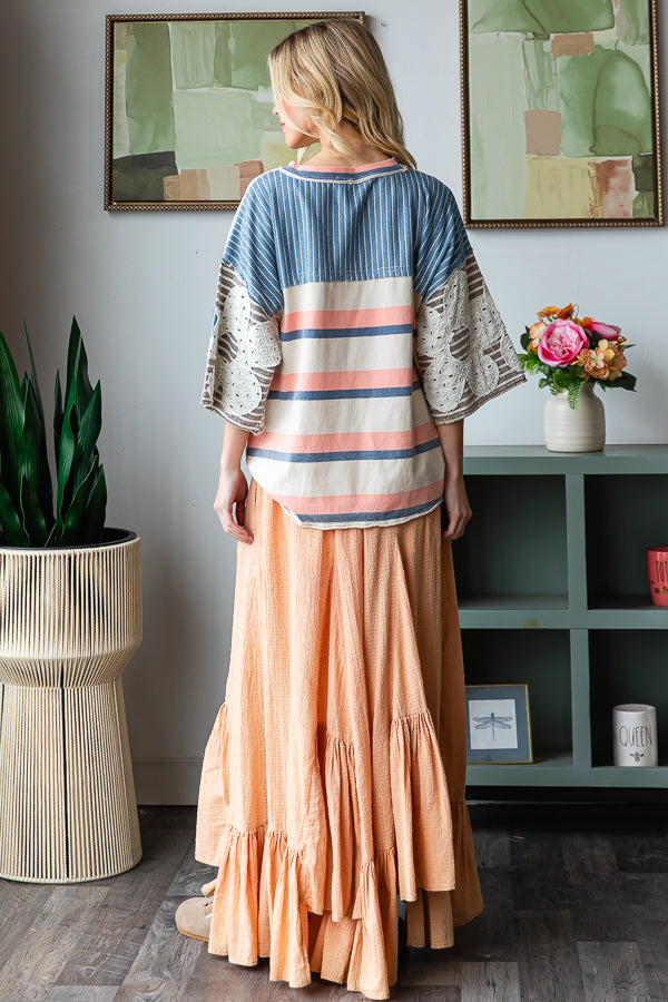 WASHED WIDE LEG RUFFLED HEM PANTS