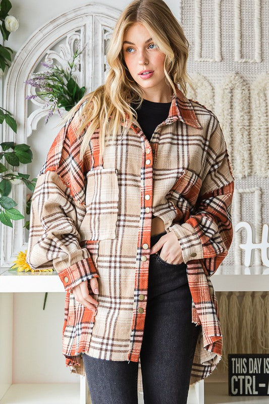 WASHED MIXED PLAID RAW HEM LONG SLEEVE SHIRT