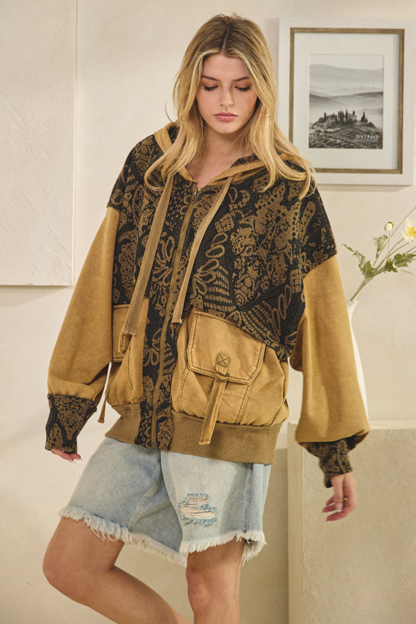 WASHED PRINTED PATTERN CONTRAST HOODED JACKET