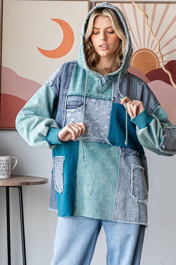 WASHED PATCHWORK DENIM HOODED PULLOVER TOP