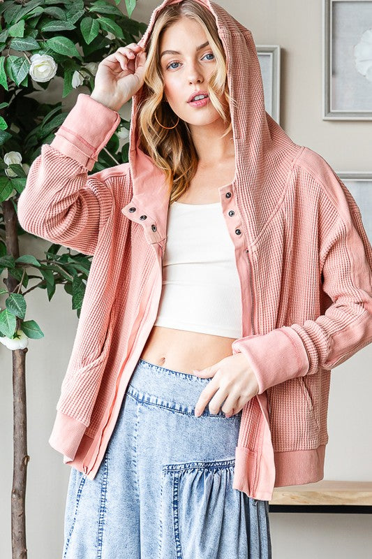 MINERAL WASHED HOODED ZIP FRONT WAFFLE JACKET