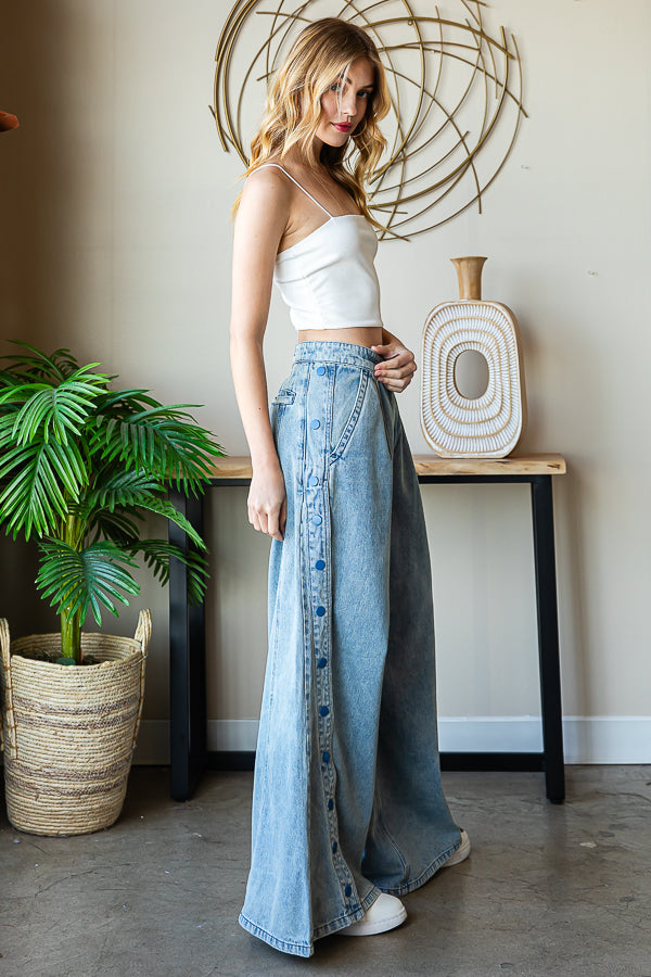 WASHED WIDE LEG FLARED PALAZZO DENIM PANTS