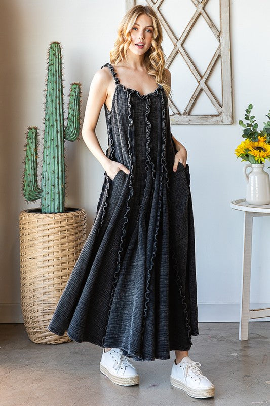WASHED RUFFLE SEAM DETAIL TANK MIDI DRESS