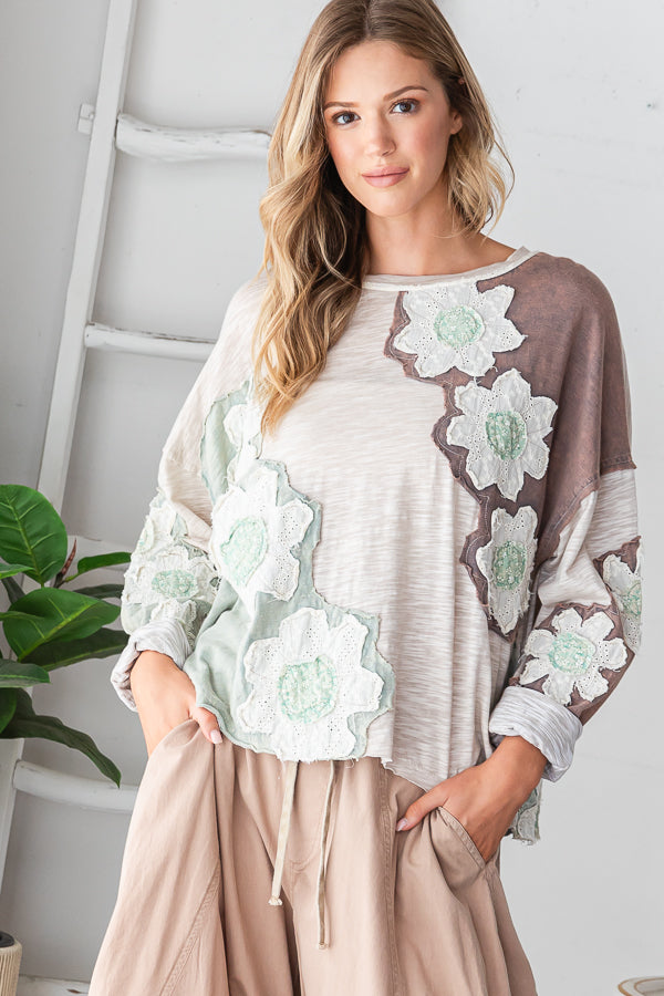 WASHED EYELET PATCHWORK LONG SLEEVE KNIT TOP