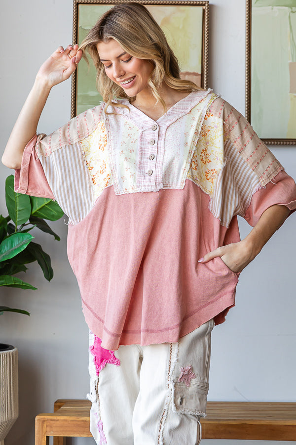 WASHED PRINTED HALF PLACKET HENLEY NECK SHIRT