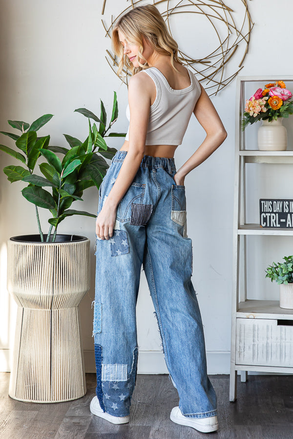 WASHED PATCHWORK DETAIL DENIM JEANS