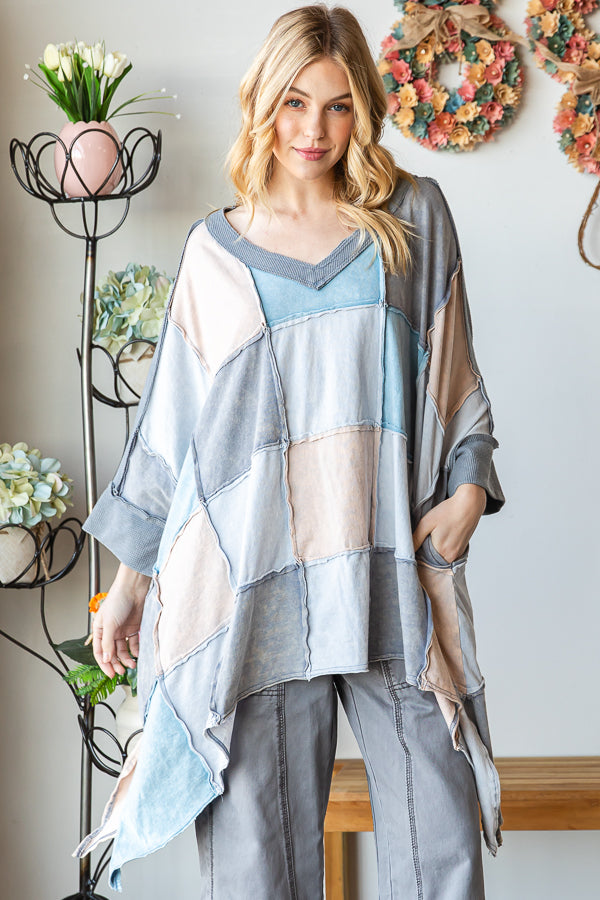 WASHED COLORBLOCK WIDE V NECK OVERSIZED TOP