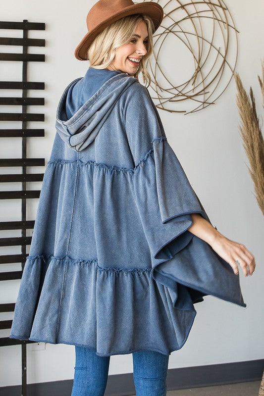 WASHED ZIP CLOSURE HOODED TIERED PULLOVER PONCHO