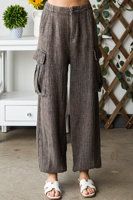 WASHED DOUBLE GAUZE BAGGY CARGO PANTS