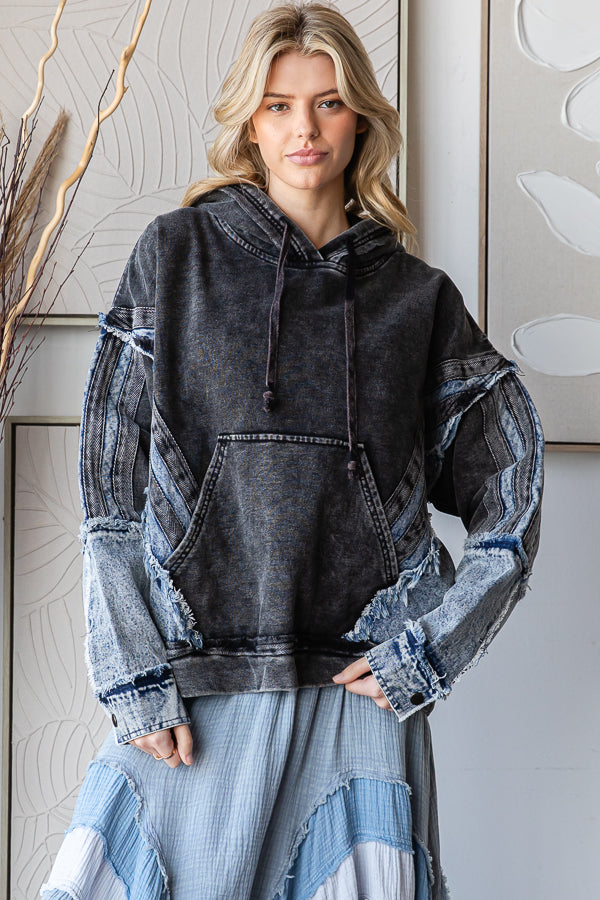 WASHED MIXED DENIM HOODED PULLOVER TOP