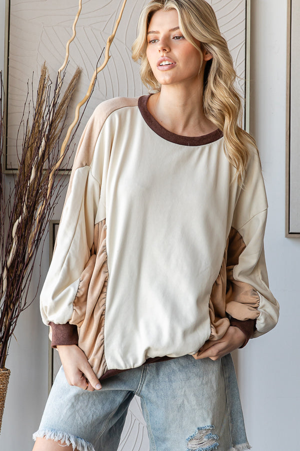 WASHED COLORBLOCK CINCHED DETAIL PULLOVER TOP